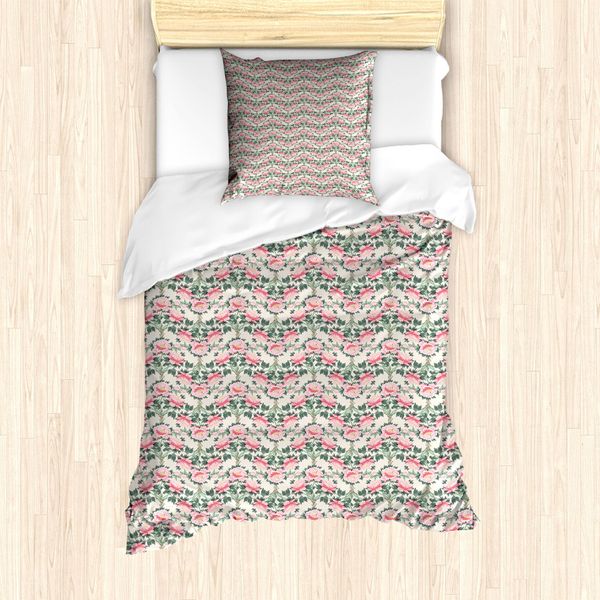 Abakuhaus Set Copripiumino Per Letto Singolo, Motivo Floreale Colorato E Vivace, Antiacaro E Anallergico, Con Federa, 135 Cm X 200 Cm - 80 X 80 Cm, Rosa Pallido E Verde Alloro-image