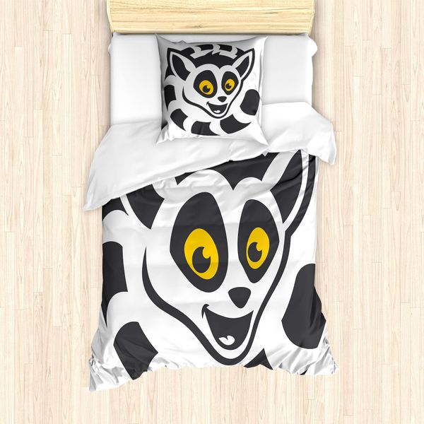 Abakuhaus Set Copripiumino Lemur Per Letti Singoli, Endemisch Affe Testa Felice, Antiacaro, Adatto A Chi Soffre Di Allergie, Con Federa, 135 Cm X 200 Cm - 80 X 80 Cm, Terra, Giallo, Tortora Scuro-image