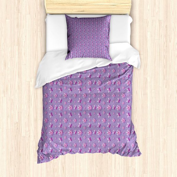 Abakuhaus Set Copripiumino Rosa Scuro Per Letti Singoli, Farfalle, Fiori E Pois, Antiacaro, Adatto A Chi Soffre Di Allergie, Con Federa, 135 Cm X 200 Cm - 80 X 80 Cm, Malva Scuro Magenta-image