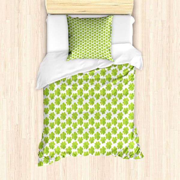 Abakuhaus Set Copripiumino A Quadrifoglio Per Letti Singoli, Motivo Luck, Antiacaro, Adatto A Chi Soffre Di Allergie, Con Federa, 135 Cm X 200 Cm - 80 X 80 Cm, Verde Mela Verde Lino-image