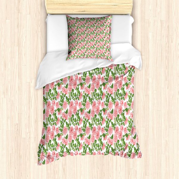 Abakuhaus Set Copripiumino Per Letto Singolo, Rosa Vintage, Motivo Floreale Vintage, Antiacaro, Adatto A Chi Soffre Di Allergie, Con Federa, 135 Cm X 200 Cm - 80 X 80 Cm, Rosa Verde Oliva-image