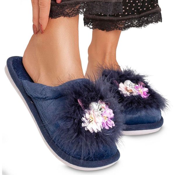 Pantofole Da Donna Pantofole Pelliccia Peluche Ballegra Blu Scuro Dimensioni 37-image