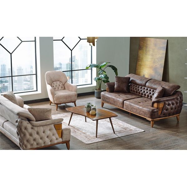 Set Di Divani 3+3+1 In Legno Soggiorno Divano Chesterfield Tessuto Nuovo Completo-image
