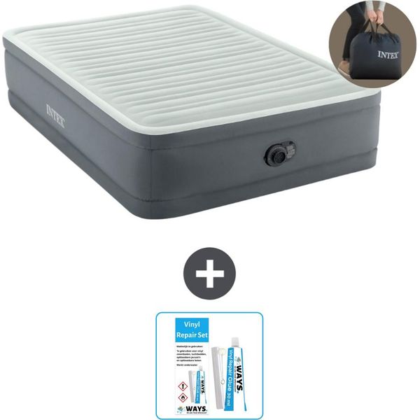 Intex Airbed - Letto Matrimoniale - 137 X 191 X 46 Cm - Grigio - Pompa Inclusa - Kit Di Riparazione-image
