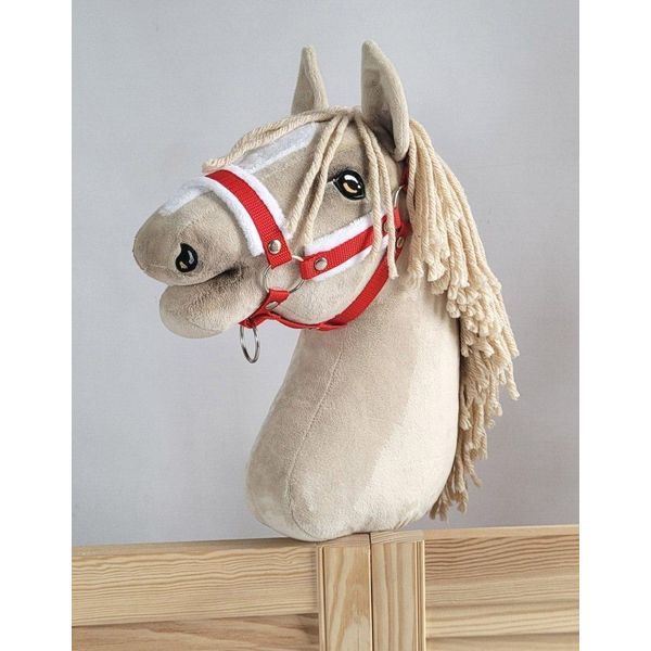 Cavezza Regolabile Per Cavallo Hobby Horse A3 Rosso Con Pelo Bianco-image