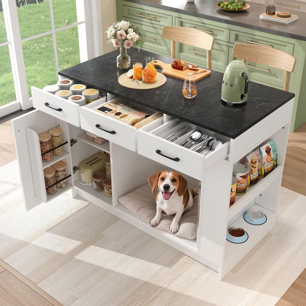 Credenza Merax A Isola Con Zona Animali, 3 Cassetti, Anta, Portaspezie, Zona Ciotola Per Gatti, Carrello Da Cucina, Mobile Da Cucina, 120×60×90 Cm, Bianco-image