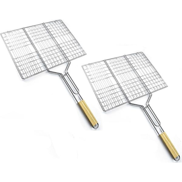 2 X Portavivande Per Barbecue Con Manico In Legno | Cestino Per Grigliate Di Pesce, Verdure, Bistecche, Scampi E Cotolette | Griglia In Metallo 38,5 X 28 Cm | Cestino Per Verdure, Hamburger, Girarrosto | Cestino Per Grigliate | Griglia Per Barbecue-image