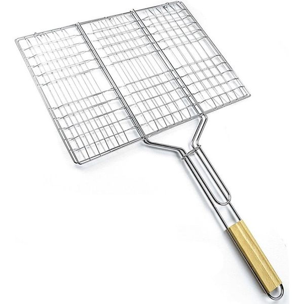 Portavivande Per Barbecue Con Manico In Legno | Cestello Per Grigliate Di Pesce, Verdure, Bistecche, Gamberi E Cotolette | Griglia In Metallo 38,5 X 28 Cm | Cestello Per Verdure, Hamburger, Girarrosto | Cestello Per Grigliate | Griglia Per Barbecue-image