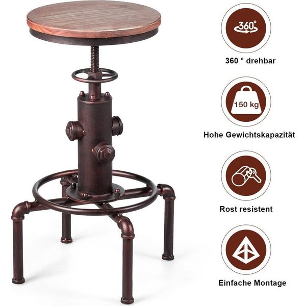 Sgabello Da Bar Regolabile In Altezza, Legno Di Pino E Ferro, 59,5-75 Cm-image