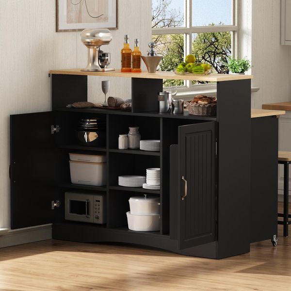 Isola Cucina Fortuna Lai Su Ruote, Zona Pranzo Estraibile Isola Cucina Con Sedie, Credenza Con Ampio Spazio Di Stoccaggio, Ideale Per La Cucina E La Sala Da Pranzo Come Credenza (Nero)-image