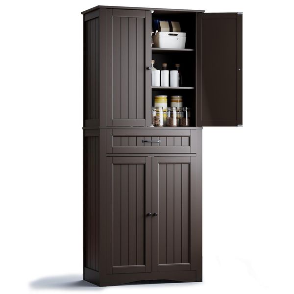 Bealife Armadio Alto Con 4 Ante E 1 Cassetto | 73X42X180 Cm Con Protezione Antiribaltamento Per Sala Da Pranzo, Camera Da Letto E Ripostiglio | Bianco/Marrone/Nero | AP16-image