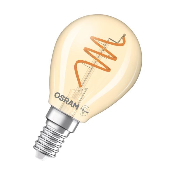 Osram Vintage 1906 Classic è Una Lampada Led Dimmerabile Di Colore Bianco Caldo A Forma Di Mini-Sfera Con Filamento A Spirale. Offre 4,9 W Per 470 Lm, Attacco E14, Vetro Color Oro, Diametro 45 Mm, 2200 K.-image