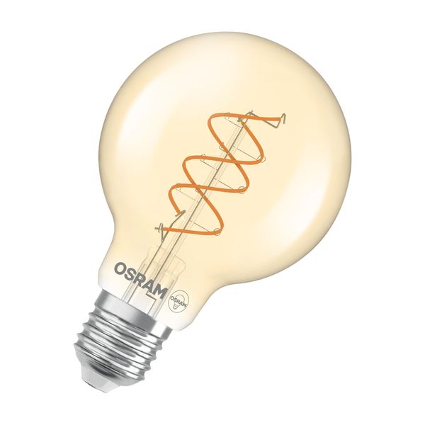 Osram Vintage 1906 Globe è Una Lampada Led Dimmerabile Di Colore Bianco Caldo A Forma Di Sfera Con Filamento A Spirale. Offre 8 W Per 806 Lm, Attacco E27, Vetro Color Oro, Diametro 80 Mm, 2200 K, Eek F.-image