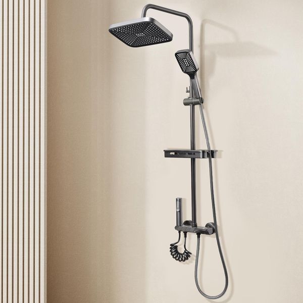 Set Doccia Cdglobal Con Rubinetto, Sistema Doccia Con Miscelatore Monocomando, Asta Doccia Regolabile E Soffione Angolare, Doccia A Pioggia Con Rubinetto, Nero-image