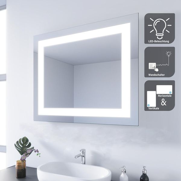 Sonni Specchio Da Bagno 60 X 50 Cm Con Illuminazione A Led Specchio A Risparmio Energetico Senza Rame E Senza Piombo Striscia Luminosa Smerigliata Incorporata Specchio Da Parete IP44-image