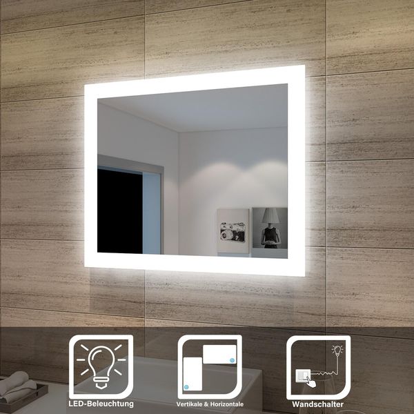 Sonni Specchio Da Bagno 60X50Cm Con Illuminazione A Led A Risparmio Energetico IP44 Specchio Senza Rame E Senza Piombo Striscia Luminosa Smerigliata (Bordi) Specchio Da Parete-image