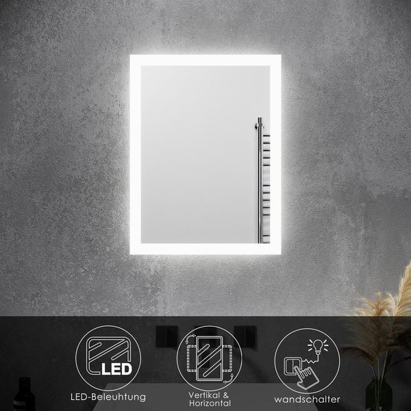 Sonni 60X50Cm Specchio Da Bagno Con Illuminazione A Led A Risparmio Energetico Bordi Opachi Striscia Luminosa Specchio Senza Rame E Senza Piombo Specchio Da Parete IP44-image