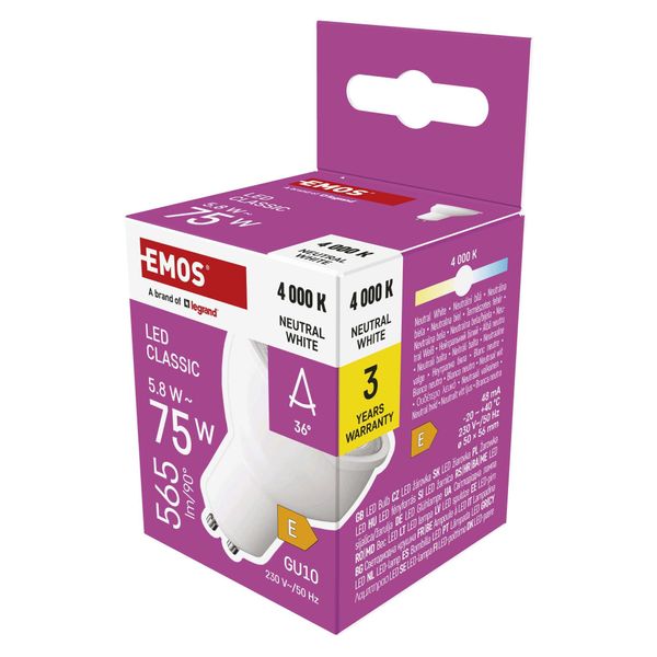 Emos Lampada Led Spot, MR16 Con Base GU10, 5,8W In Sostituzione Di Una Lampada Alogena Da 75W, Luminosità 565 Lm, Bianco Neutro 4000 K, Durata 30000 H, Bianco, ZQ8E33N-image