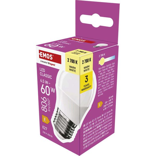 Emos Led Lampada Mini Globo, 6,5W In Sostituzione Della Lampadina A Incandescenza Da 60W, Lampadina Piccola Con Base E27, Luminosità 806 Lm, Bianco Caldo 2700 K, Durata 30000 H, ZQ6E41-image