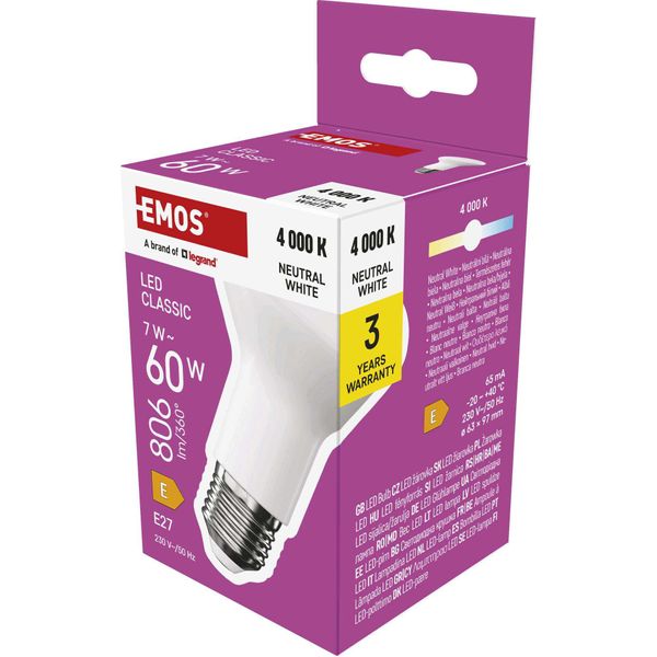 Riflettore Per Lampada Emos Led, 7W In Sostituzione Di 60W, Lampadina Per Faretto R63 Con Base E27, Luminosità 806Lm, Bianco Neutro 4000K, Durata 30000H , ZQ7E43-image