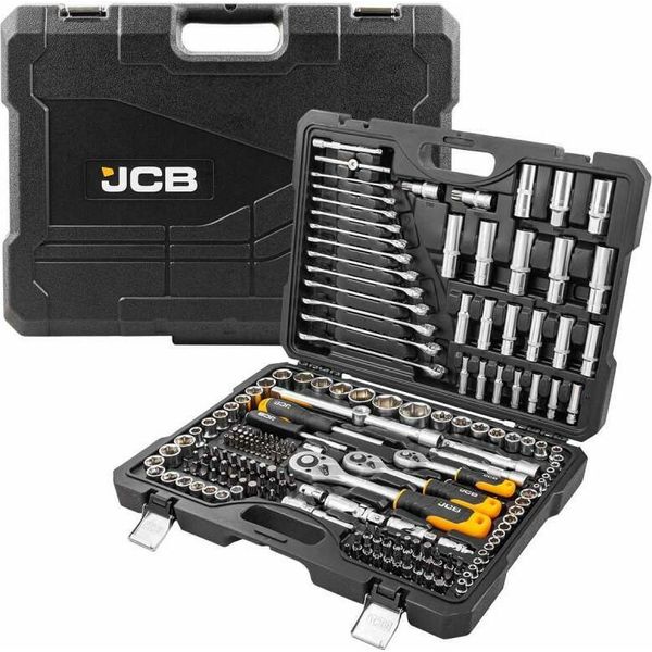 Jcb | Set Di Chiavi A Bussola, 218 Pezzi, Acciaio Al Cromo Vanadio, 1/4", 3/8"", 1/2"", Custodia A Cricchetto, Bussole Esagonali, Cricchetto Reversibile"-image