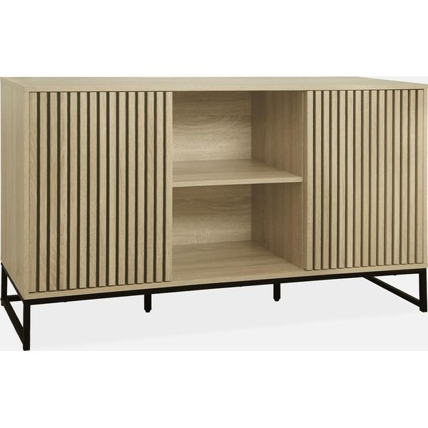 Credenza Contemporanea A 2 Ante Scanalate Effetto Legno, 140Cm, Marrone Naturale-image