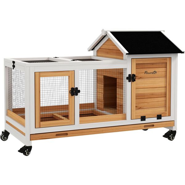 Pawhut Conigliera Nana In Legno, 108 X 58 X 73,5 Cm Conigliera Per Piccoli Animali Con Recinto Per Animali Liberi, Ruote, Tetto Incernierato, Gabbia Per Conigli Nani Con Vassoio Estraibile Per Interni, Esterni, Giallo-image
