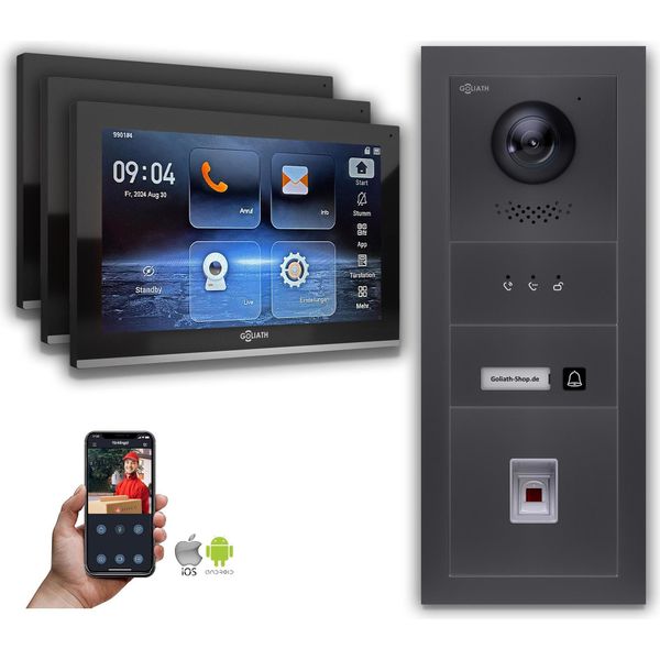 Videocitofono Ip Goliath Con Telecamera Display Impronte Digitali Da 10 Pollici Antracite : 10 Pollici In Nero : Scatola Da Incasso : 3 Monitor Numero: 3 Monitor Colore: 10 Pollici In Nero Montaggio: Scatola Da Incasso-image