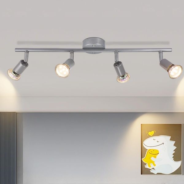 Zmh Led Faretto Da Soffitto Orientabile GU10 Argento Lucido Lampada Da Soffitto Faretto Da Soffitto 4 Luci Da Soffitto A Fiamma Industriale Soggiorno Camera Da Letto Cucina Lampadina Inclusa-image