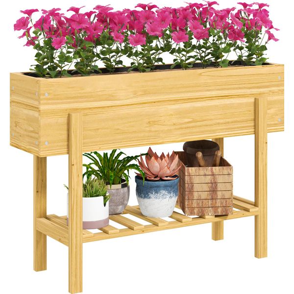 Letto Rialzato Outsunny Con Ripiano, Letto Rialzato Per Erbe Aromatiche Con Fori Di Drenaggio, Fioriera In Legno, Letto Per Verdure Resistente Alle Intemperie, Letto Da Giardino, Letto Per Piante Da Giardino, Balcone, 100 X 30 X 70,5 Cm Legno Naturale-image