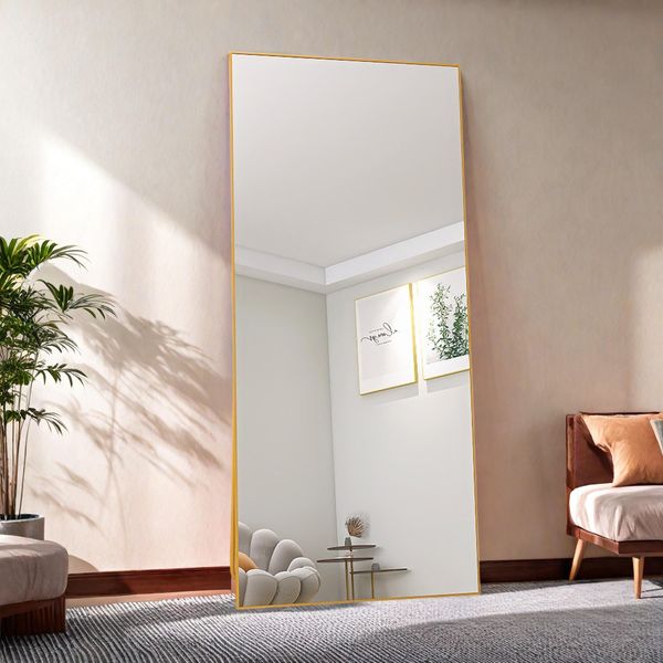 Specchio A Figura Intera 180 X 80 Cm, Specchio Rettangolare A Figura Intera Con Cornice In Alluminio Dorato, Specchio Da Parete, Specchio Da Appoggio Per Camera Da Letto, Spogliatoio, Palestra, Corridoio-image