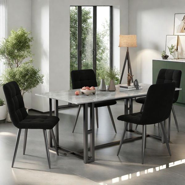 Unboxg Set Di 4 Sedie Da Pranzo Con Schienale, Sedia Da Cucina Con Rivestimento In Velluto, Sedia In Metallo Imbottita, Sedia Ergonomica Per Tavolo Da Pranzo, Sala Da Pranzo Cucina Soggiorno, Nero-image