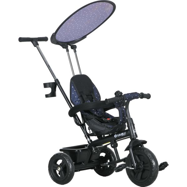 Homcom Triciclo 6 In 1 Con Maniglione, Triciclo Per Bambini Con Tettuccio Parasole Rimovibile, Balance Bike Regolabile Con Portabicchieri, Cestino, Per Bambini Da 1 A 5 Anni, Blu Scuro-image