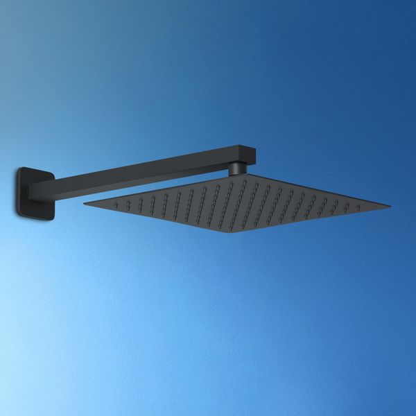 Joho Soffione Doccia A Pioggia Con Braccio Doccia A Parete In Acciaio Inox-Docce Fisse Con Getti - Quadrato 25X25 Cm/10 Pollici- Braccio 37 Cm Nero-image