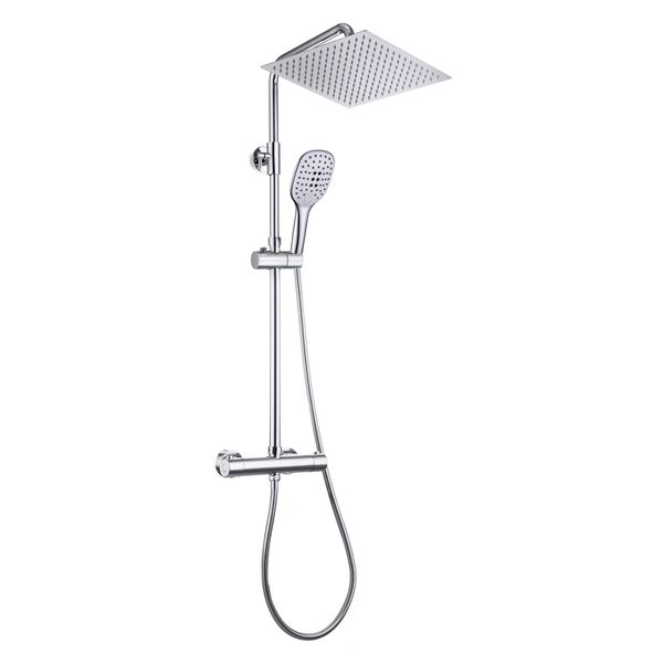 Joho Colonna Doccia Con Termostato, Fori Regolabili, Cromo, Asta Doccia Acciaio Inox Set Doccia A Pioggia Con Miscelatore, Doccetta, Soffione 30X30Cm-image