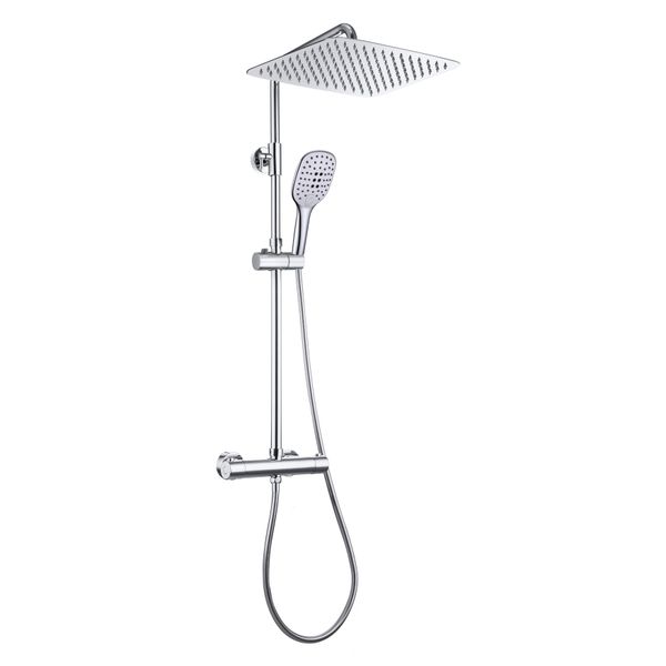 Joho Colonna Rubinetto Termostato Fori Muro Regolabili, Asta Acciaio Inox Set Doccia A Pioggia Miscelatore Doccetta Soffione Doccia 35X25Cm Cromo-image