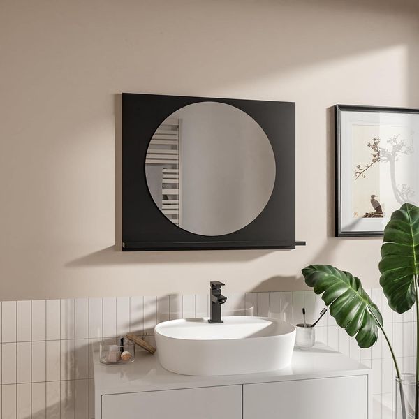 Hajduk Furniture Nero Specchio Bagno Con Mensola - 70X60 Cm - Moderno Specchio Da Bagno Rotondo ⌀55 - Cristallo Da Parete-image