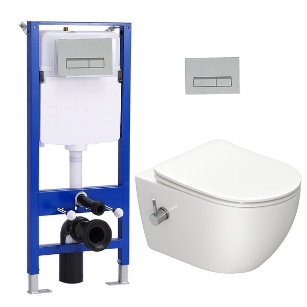 Set Di Elementi Da Incasso Per Wc + Doccia Sospesa Wc Taharet + Cassetta Di Scarico Da 114 Cm Con Piastra Di Spinta Rettangolare Cromata Horow-image
