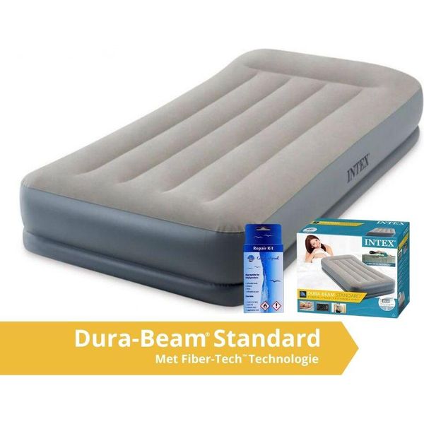 Intex Pillow Rest Mid-Rise - Materasso Ad Aria - Singolo - Con Kit Di Riparazione E Pompa Incorporata - 191X99X30 Cm - Pvc - Grigio-image