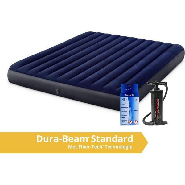 Intex Classic Dura-Beam - Materasso Ad Aria - Matrimoniale - Kingsize - Con Kit Di Riparazione E Pompa Manuale 203X183X25 Cm - Pvc - Blu-image