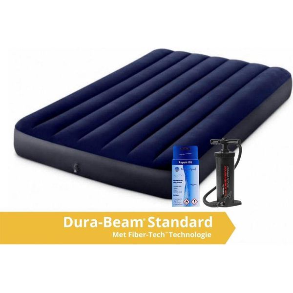 Intex Classic Dura-Beam - Materasso Ad Aria - Dubbio - Con Kit Di Riparazione E Pompa A Mano - 191X137X25 Cm - Pvc - Blu-image