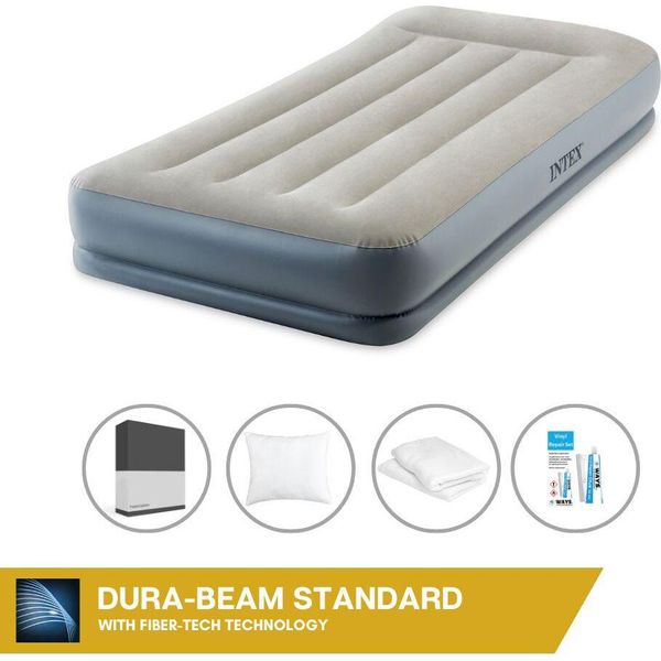 Letto Ad Aria Intex - 1 Persona - 99 X 191 X 30 Cm - Grigio - Con Pompa Incorporata + Lenzuolo Nero + Cuscino + Federe Molton 2 In 1 + Set Di Riparazione-image