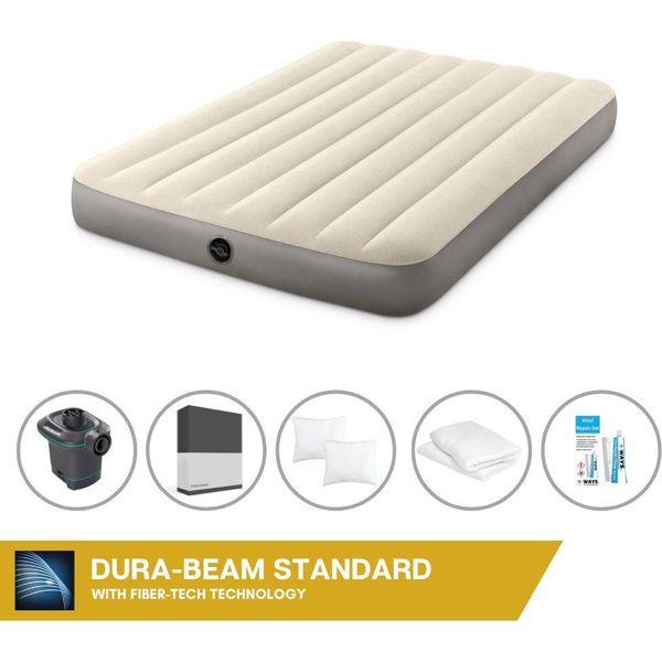 Letto Gonfiabile Intex - 2 Persone - 137 X 191 X 25 Cm - Beige + Pompa Elettrica Intex - 650 Litri/Min + Lenzuolo Nero + Cuscino + Federe Molton 2 In 1 + Set Di Riparazione-image