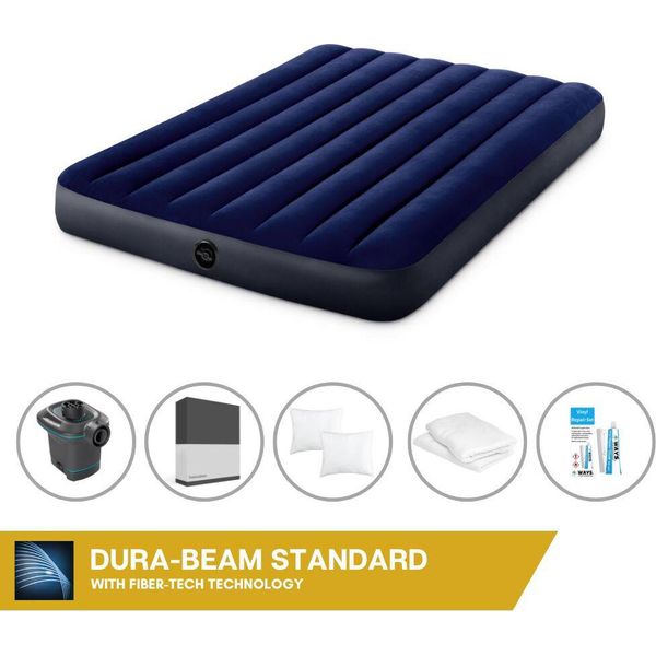 Letto Gonfiabile Intex - 2 Persone - 137 X 191 X 25 Cm - Blu + Pompa Elettrica Intex - 650 Litri/Min + Lenzuolo Nero + Cuscino + Federe Molton 2 In 1 + Set Di Riparazione-image
