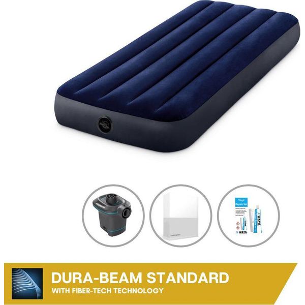 Letto Gonfiabile Intex - 1 Persona - 76 X 191 X 25 Cm - Blu + Pompa Elettrica Intex - 650 Litri/Min + Lenzuola Bianche + Kit Di Riparazione-image