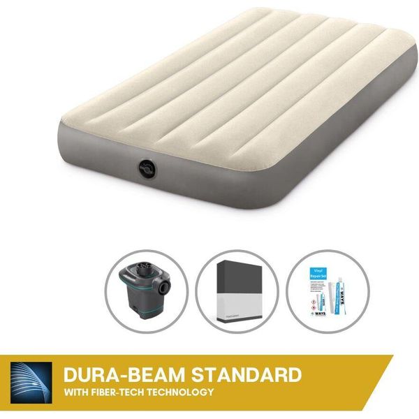 Letto Gonfiabile Intex - 1 Persona - 99 X 191 X 25 Cm - Beige + Pompa Elettrica Intex - 650 Litri/Min + Lenzuolo Nero + Kit Di Riparazione-image