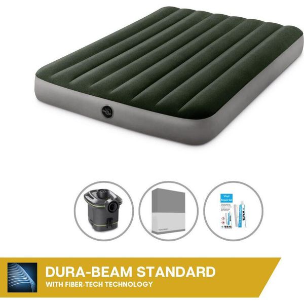 Letto Gonfiabile Intex - 2 Persone - 137 X 191 X 25 Cm - Verde - Con Pompa + Lenzuola Antracite + Set Di Riparazione-image