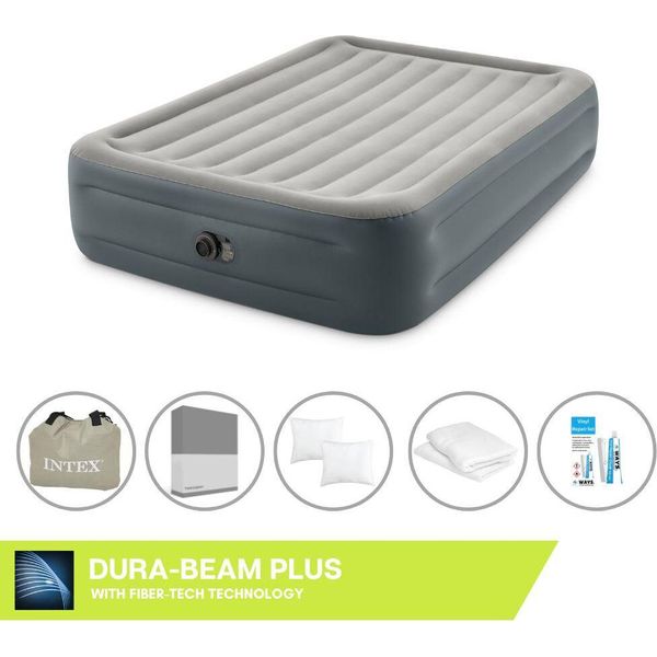 Letto Ad Aria Intex - 2 Persone - 152 X 203 X 46 Cm - Grigio - Con Pompa Incorporata, Lenzuola Antracite, Cuscino, Federe Molton 2 In 1 E Set Di Riparazione-image