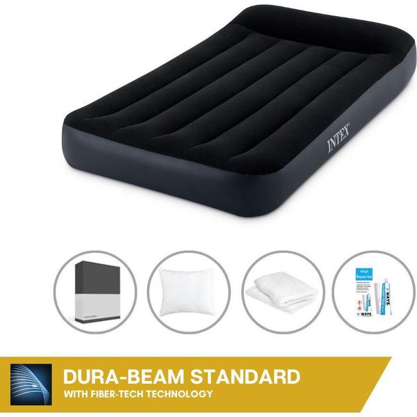 Intex Airbed - 1 Persona - 99 X 191 X 25 Cm - Blu - Con Pompa Incorporata, Lenzuolo Nero, Cuscino, Federe Molton 2 In 1 E Set Di Riparazione-image