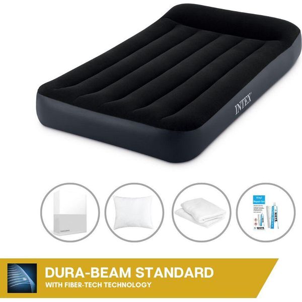 Letto Ad Aria Intex - 1 Persona - 99 X 191 X 25 Cm - Nero - Con Pompa Incorporata + Lenzuola Bianche + Cuscino + Federe Molton 2 In 1 + Set Di Riparazione-image